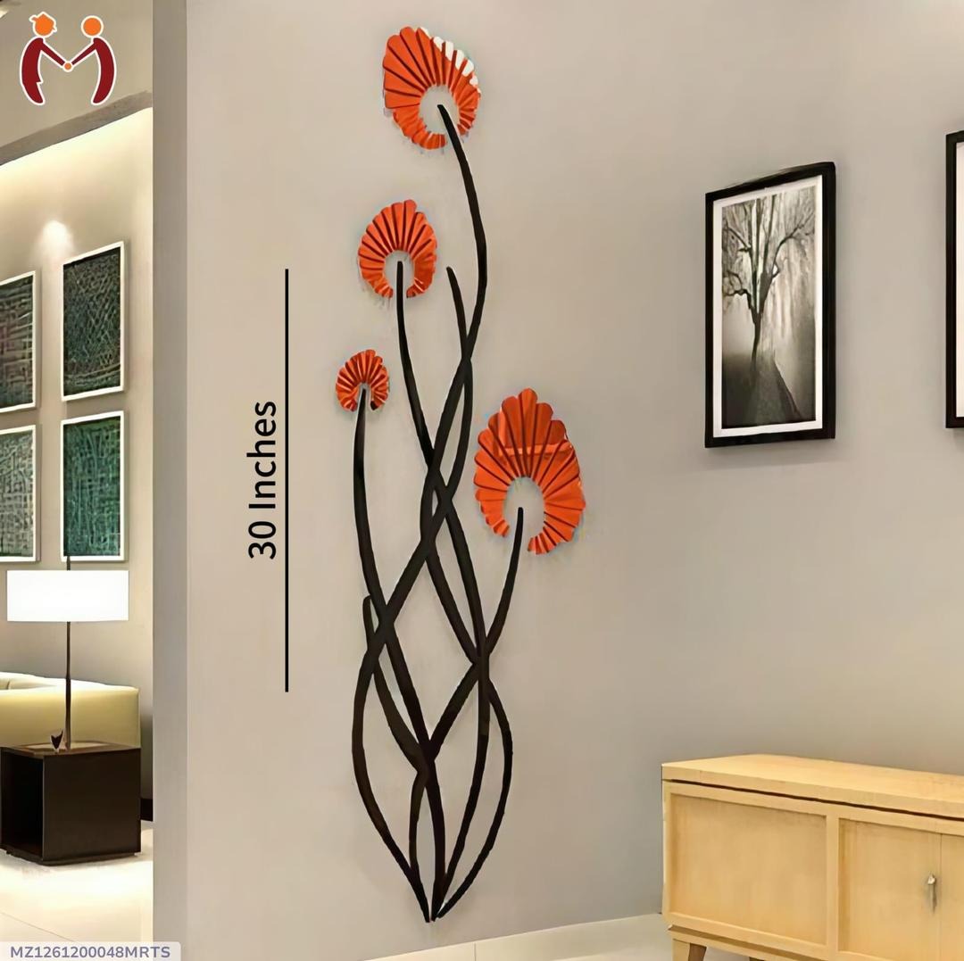3D Wooden Wall Art Orange Flowers Black Stems 30"